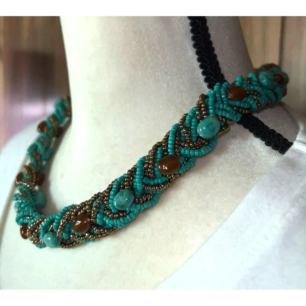 Turquoise Glass Bead Braided Necklace -- 18